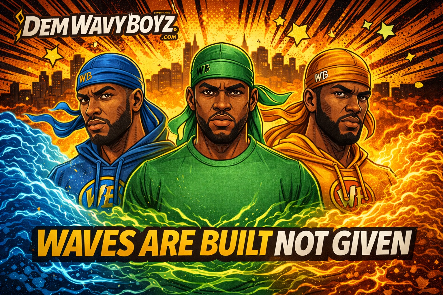DemWavyBoyz comic heroes in WB durags with ‘Waves Are Built Not Given’ slogan