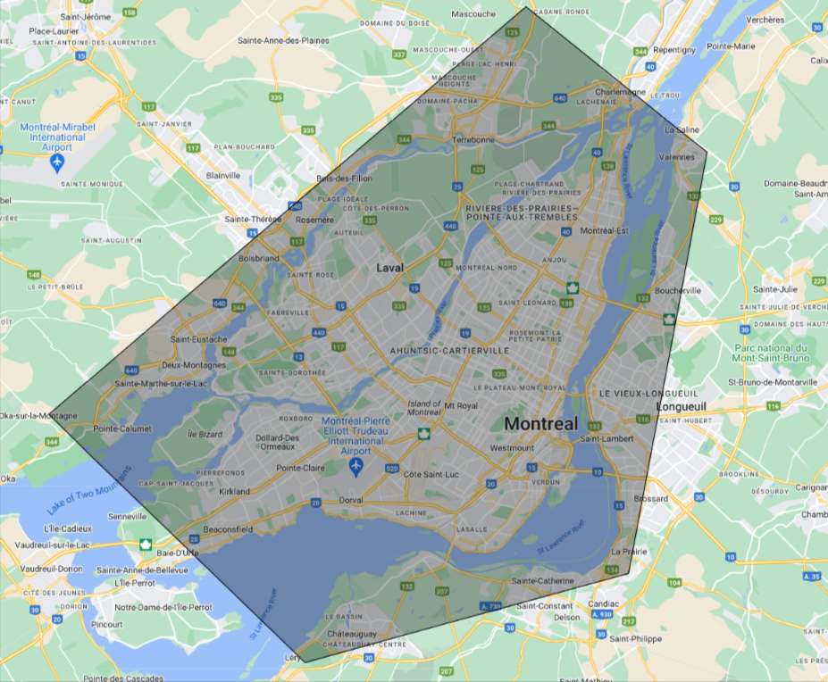 Une carte de Montréal est affichée sur une carte Google