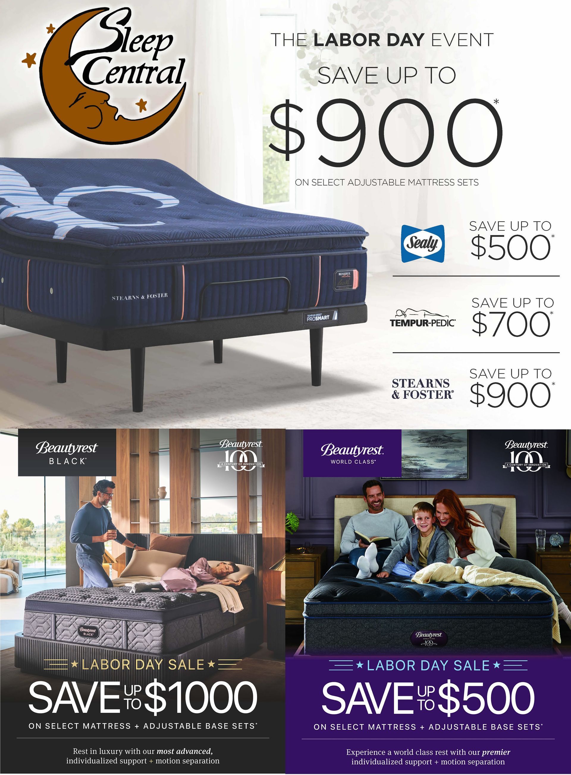 Mattress sale ad with a blue bed, Labor Day savings, and three discount offer panels