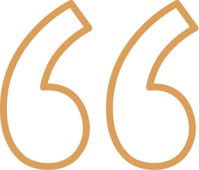 Two orange outlined quotation marks on a white background