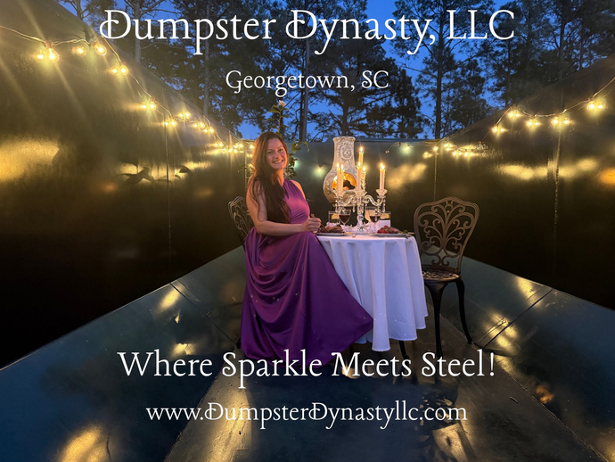 Woman seated at candlelit table in string-lit outdoor venue, with “Dumpster Dynasty, LLC” branding and slogan text