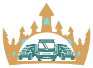 Stylized gold crown framing teal trucks and a central bus on a white background