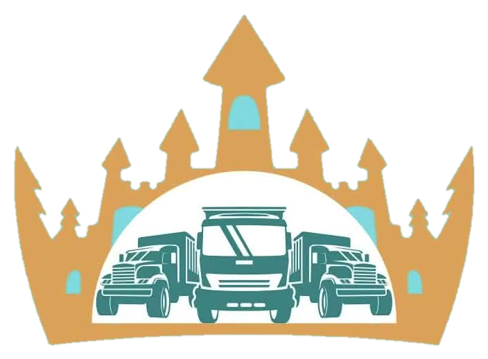 Stylized gold crown framing teal trucks and a central bus on a white background