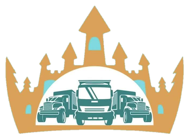 Stylized gold crown framing teal trucks and a central bus on a white background