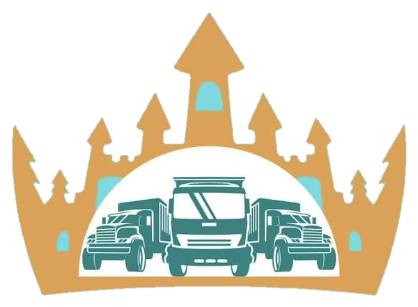 Stylized gold crown framing teal trucks and a central bus on a white background