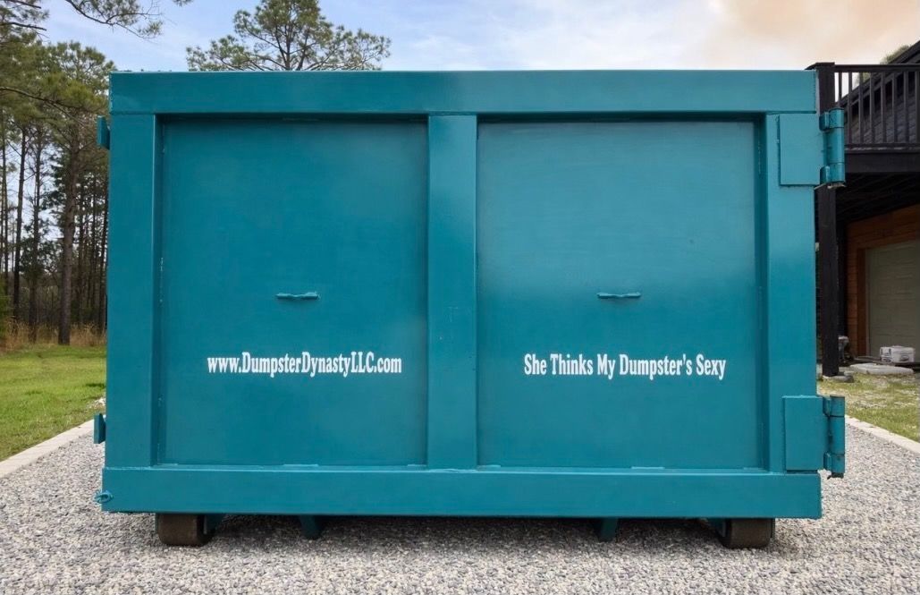 Turquoise storage container on gravel, with two front doors and white lettering.