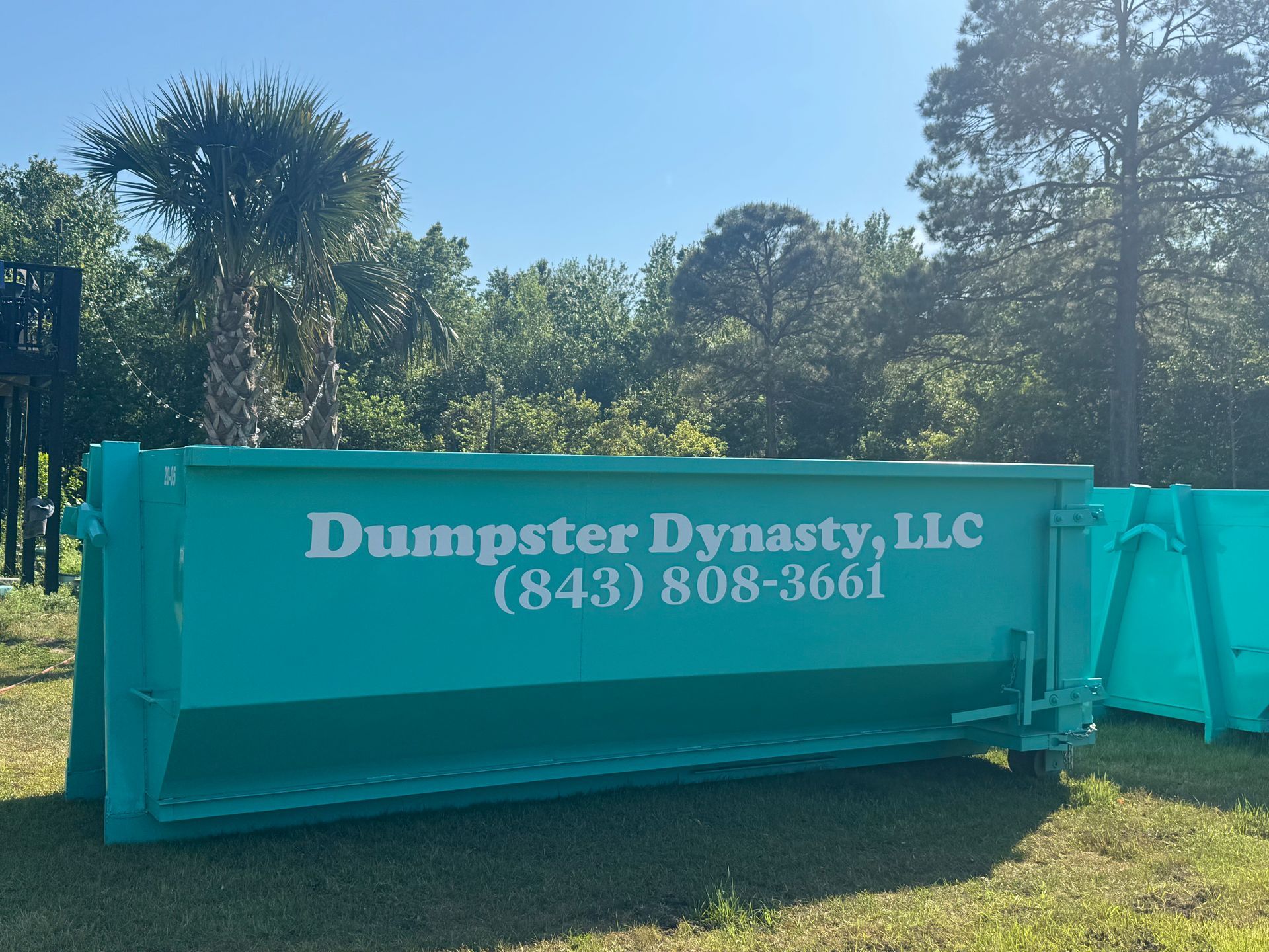 Teal Dumpster Dynasty LLC dumpster in a grassy yard with trees in the background