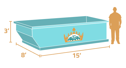 Illustration of a 15-by-8-foot pool, 3 feet deep, with a person standing beside it and a logo on the side.