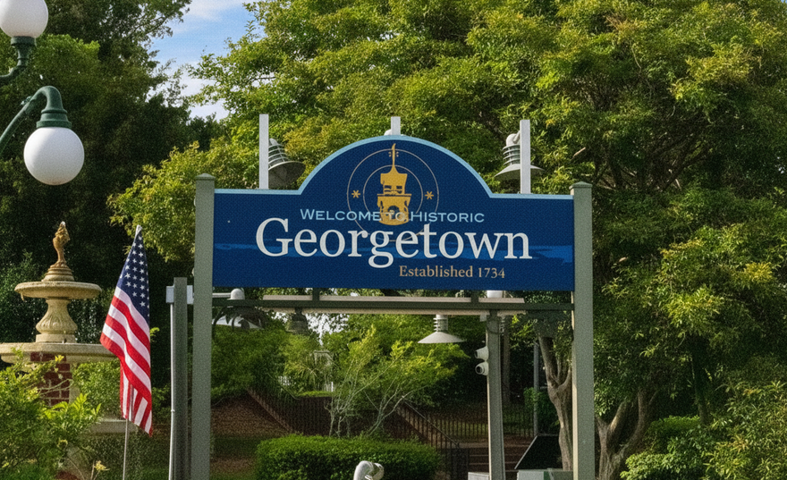 Blue Georgetown entrance sign amid greenery with U.S. flag and lampposts