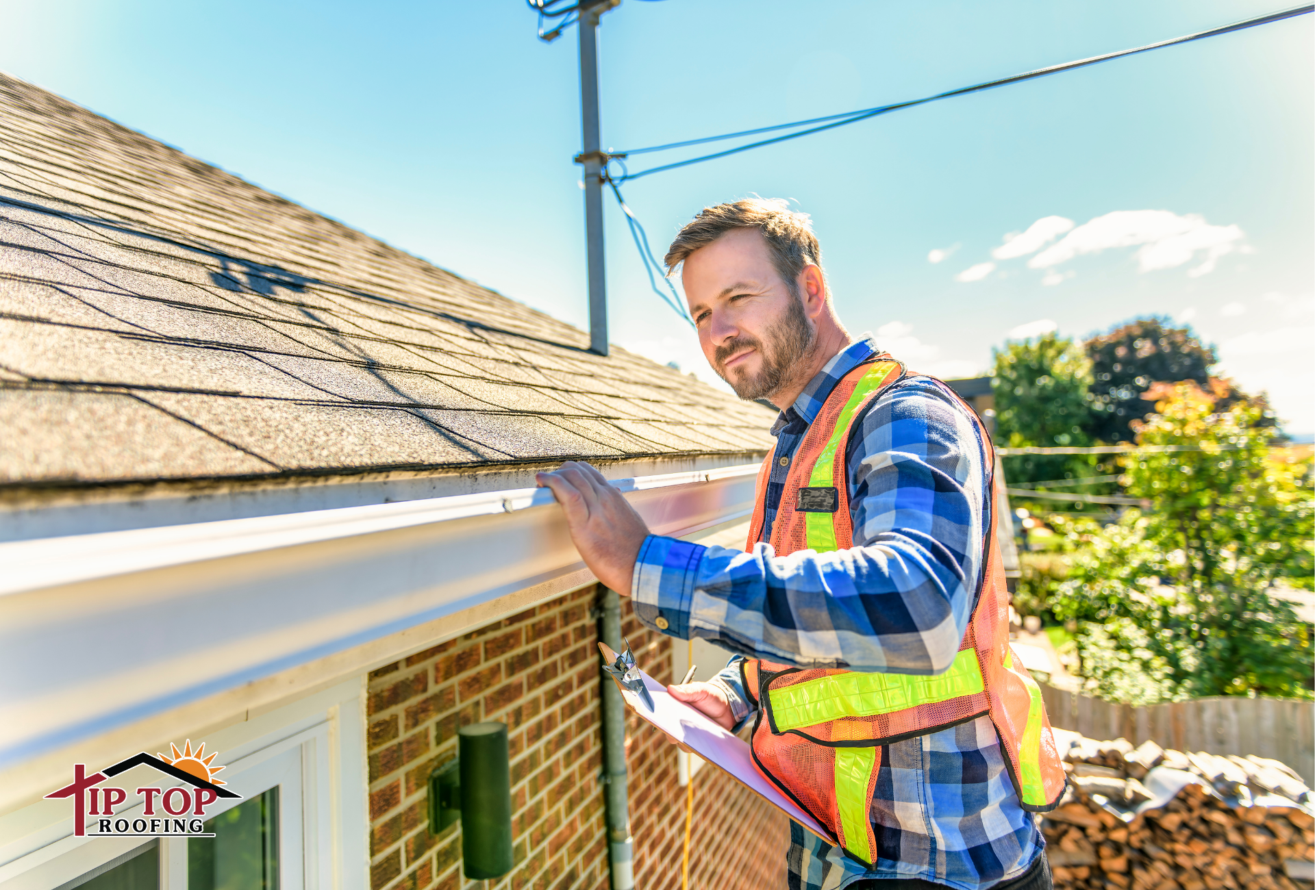 A roofing contractor in a safety vest inspecting a residential gutter and roofline with a clipboard.