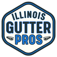 Illinois Gutter Pros logo in blue and black inside a white hexagonal badge