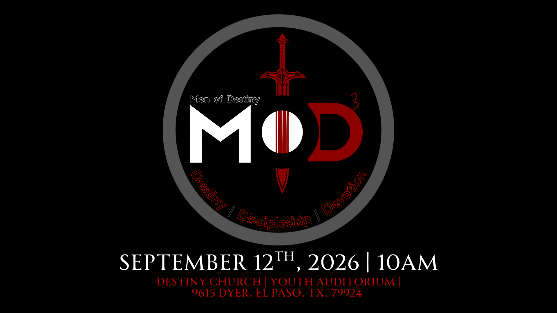 Black event poster with red cross and “MOD,” announcing September 12th, 2026 at 10AM.
