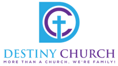 Logo for Destiny Church featuring a blue 'D' surrounding a purple 'C' with a cross and the tagline "More than a church."