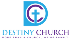 Logo for Destiny Church featuring a blue 'D' surrounding a purple 'C' with a cross and the tagline "More than a church."