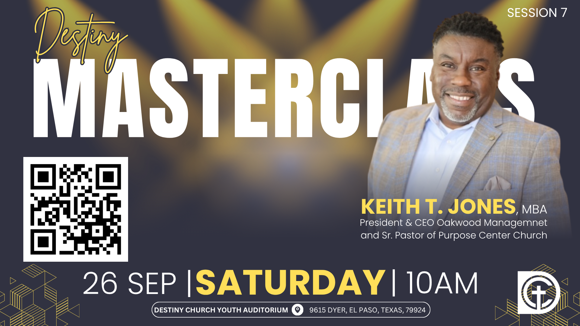 Masterclass event flyer with QR code, Keith T. Jones, and date: 26 Sep Saturday, 10 AM.