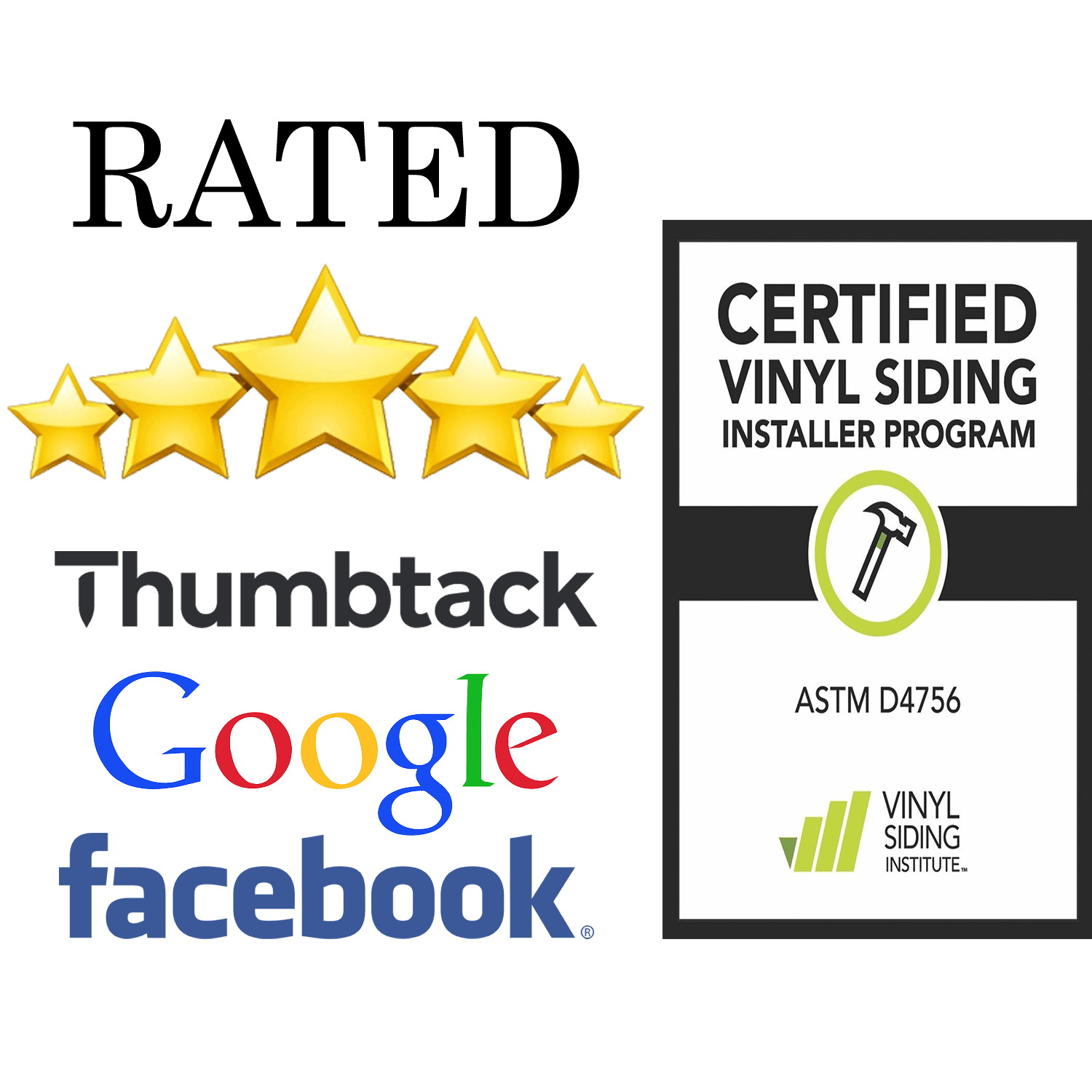 Five-star rating graphic next to a Certified Vinyl Siding Installer Program badge.