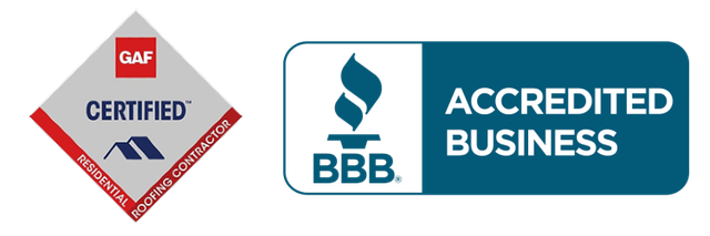 Logos for a GAF Certified Residential Roofing Contractor and a Better Business Bureau Accredited Business.