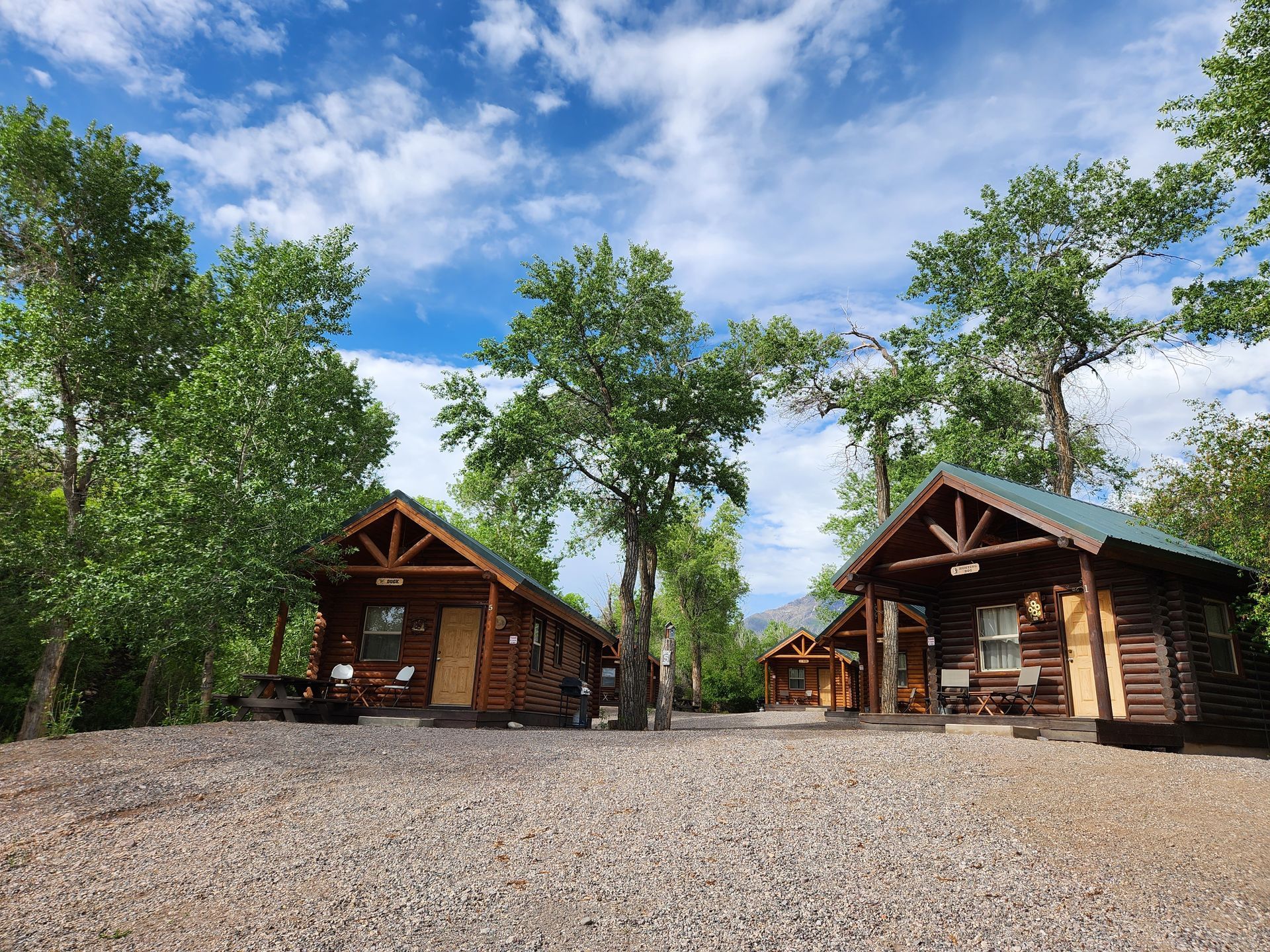 Two log cabins with green roofs stand in a clearing surrounded by lush green trees under a bright blue sky.