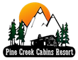 Logo for Pine Creek Cabins Resort featuring a log cabin, evergreen trees, and snow-capped mountains against an orange sun.