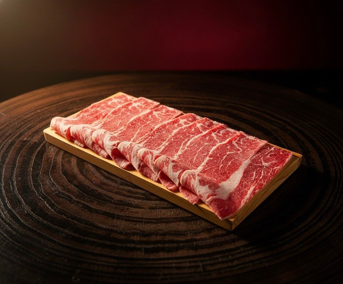 Raw marbled beef slices on a wooden tray against a dark background