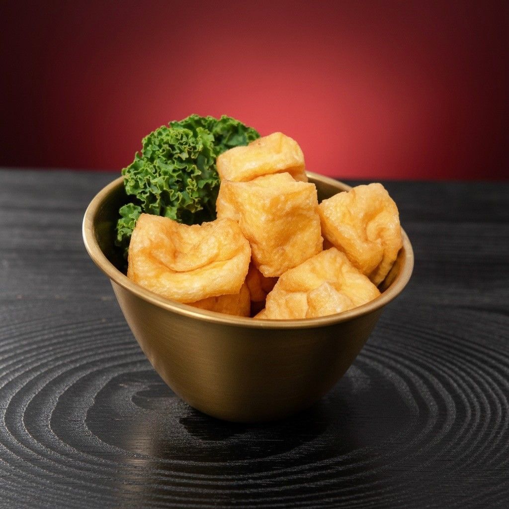 Bowl of golden fried tofu cubes with broccoli on a dark table against a red background