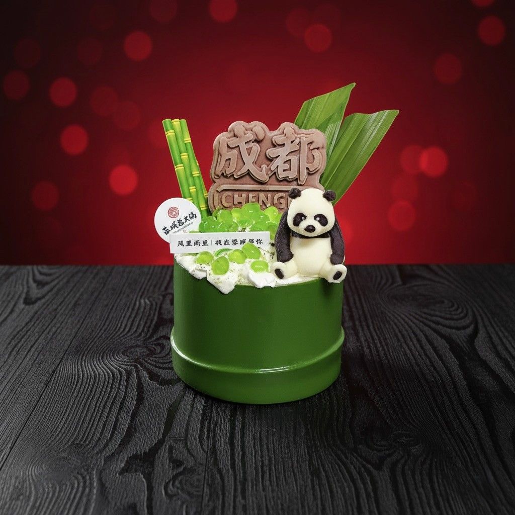 Green cup cake with panda topper and Chinese characters on a dark red background