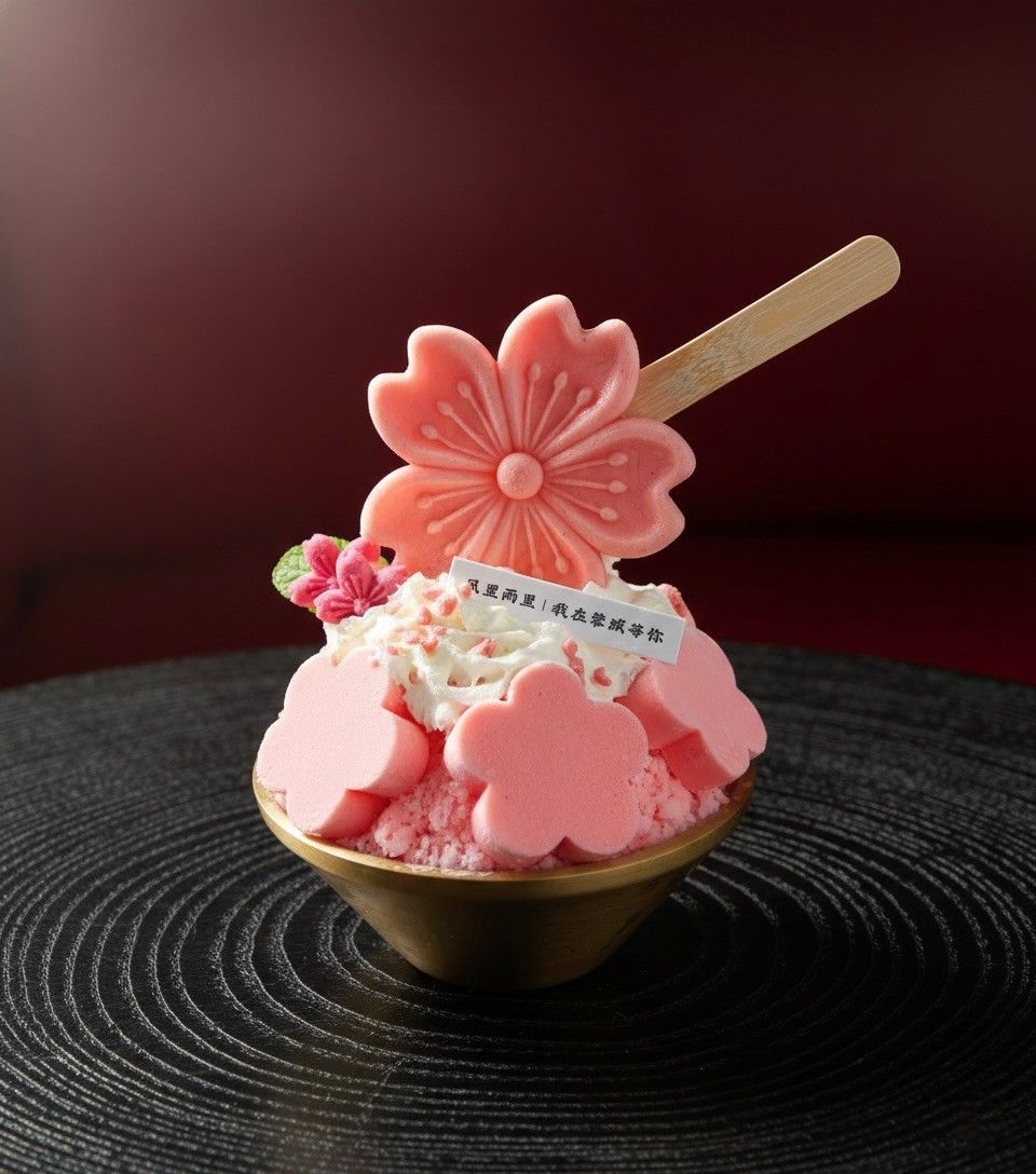 Pink cherry blossom shaved ice dessert in a bowl with a wooden spoon, topped with flowers and cream.