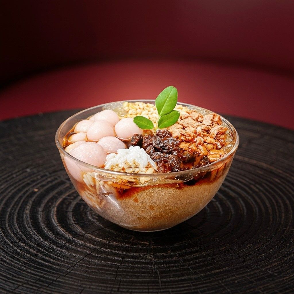 Glass dessert bowl with shaved ice, pink jelly, brown syrup, and mint garnish on a dark plate
