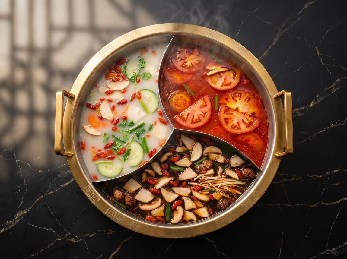 Three-section hot pot with red broth, creamy soup, and mushrooms, garnished with herbs and sliced vegetables