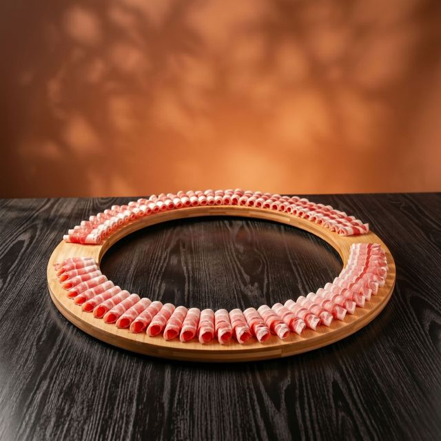 Circular wooden tray with a ring of small pink-and-white frosted desserts on a dark table