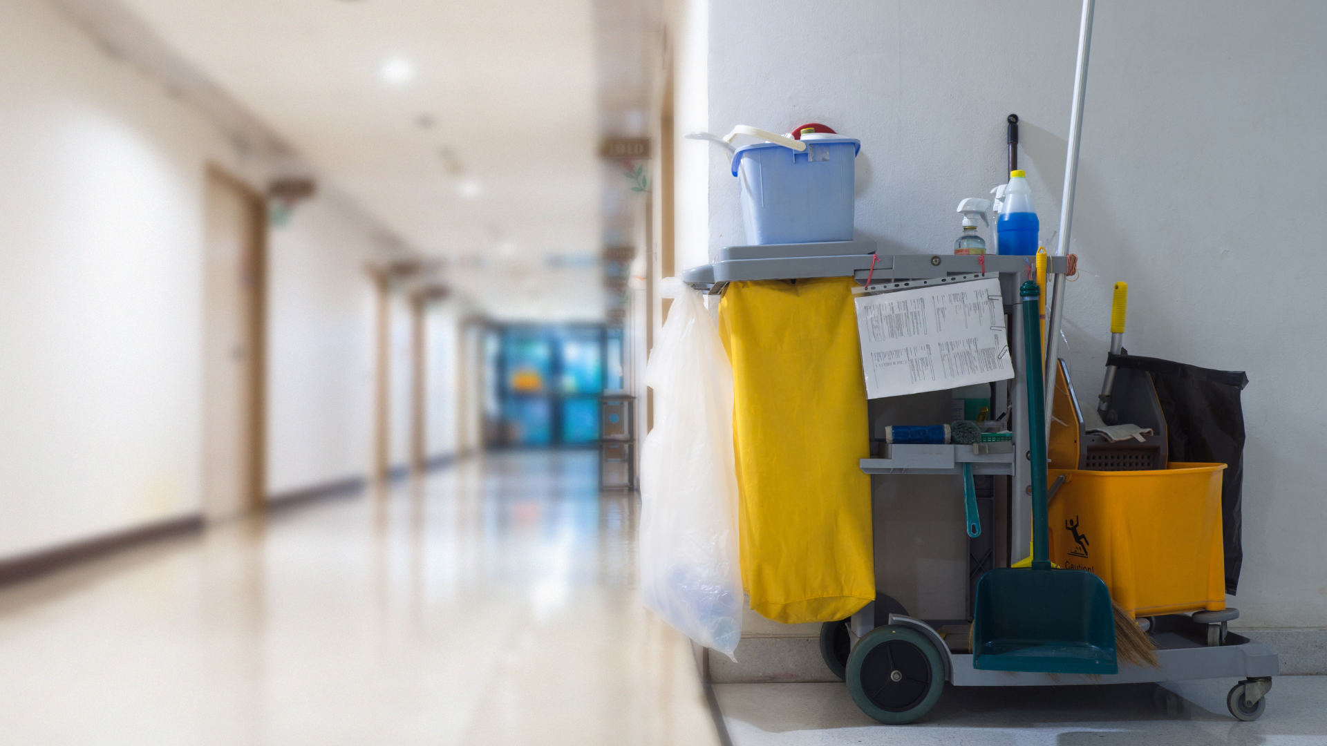 Cleaning cart in a bright hallway with cleaning supplies, mop, and bucket.