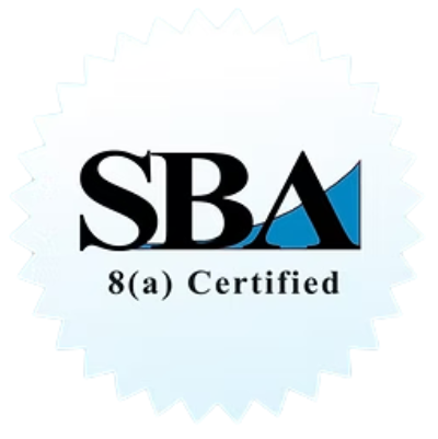 SBA 8(a) Certified seal with blue graphic on white; text in black.