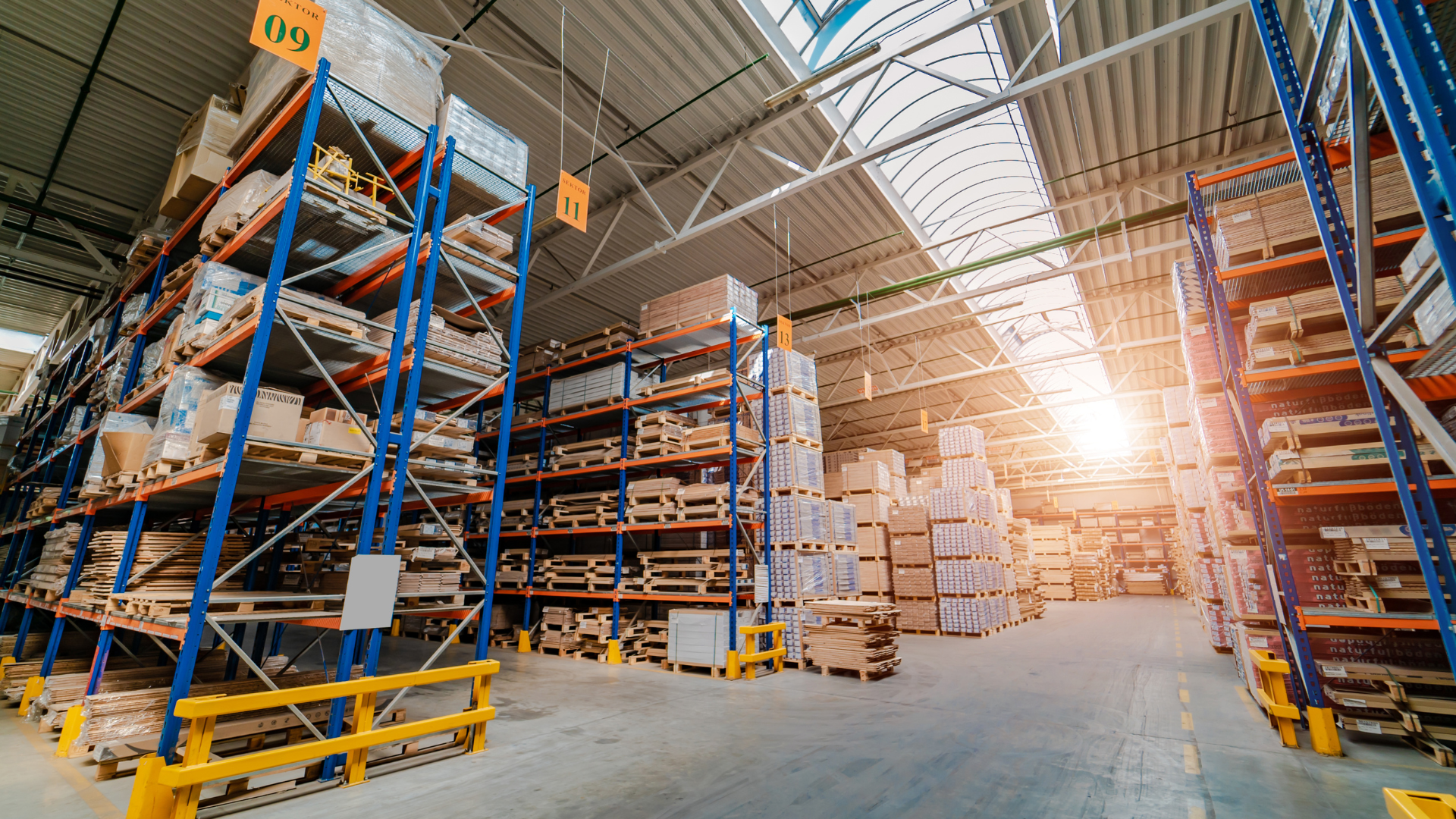 Warehouse interior with tall shelves filled with boxes, bright sunlight, and high ceilings.