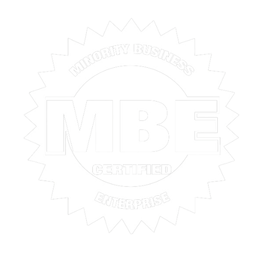 MBE Certified Enterprise seal. White text on white background.
