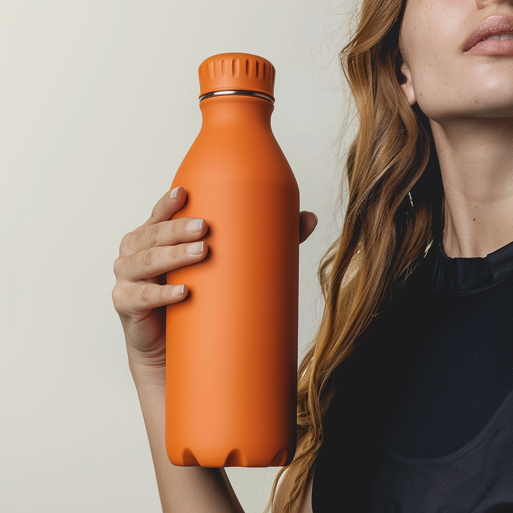 Hand holding a terracotta-colored insulated water bottle against a neutral background.