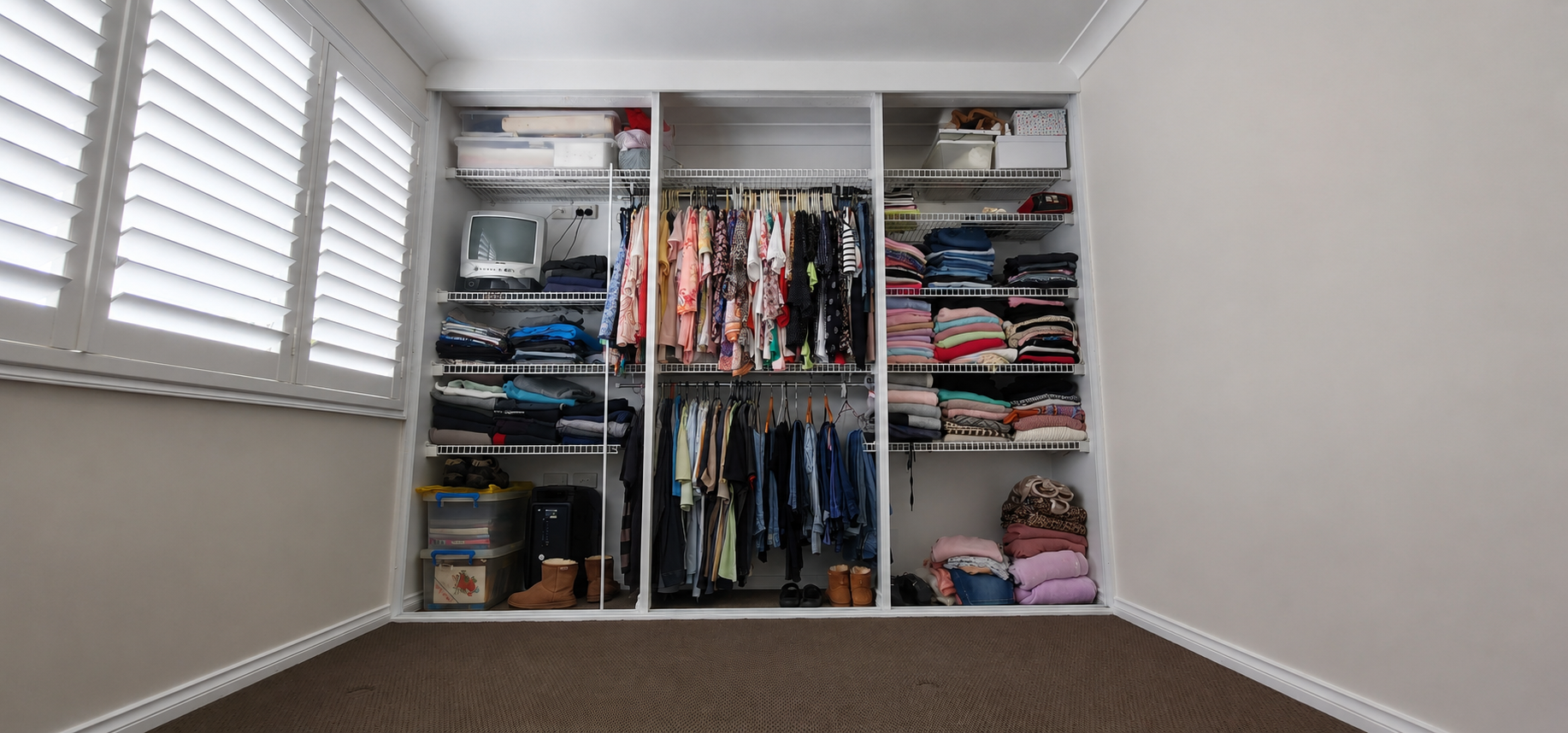 Open Closet With Shelves Full of Stuff — Port Blinds & Awnings in Port Macquarie, NSW