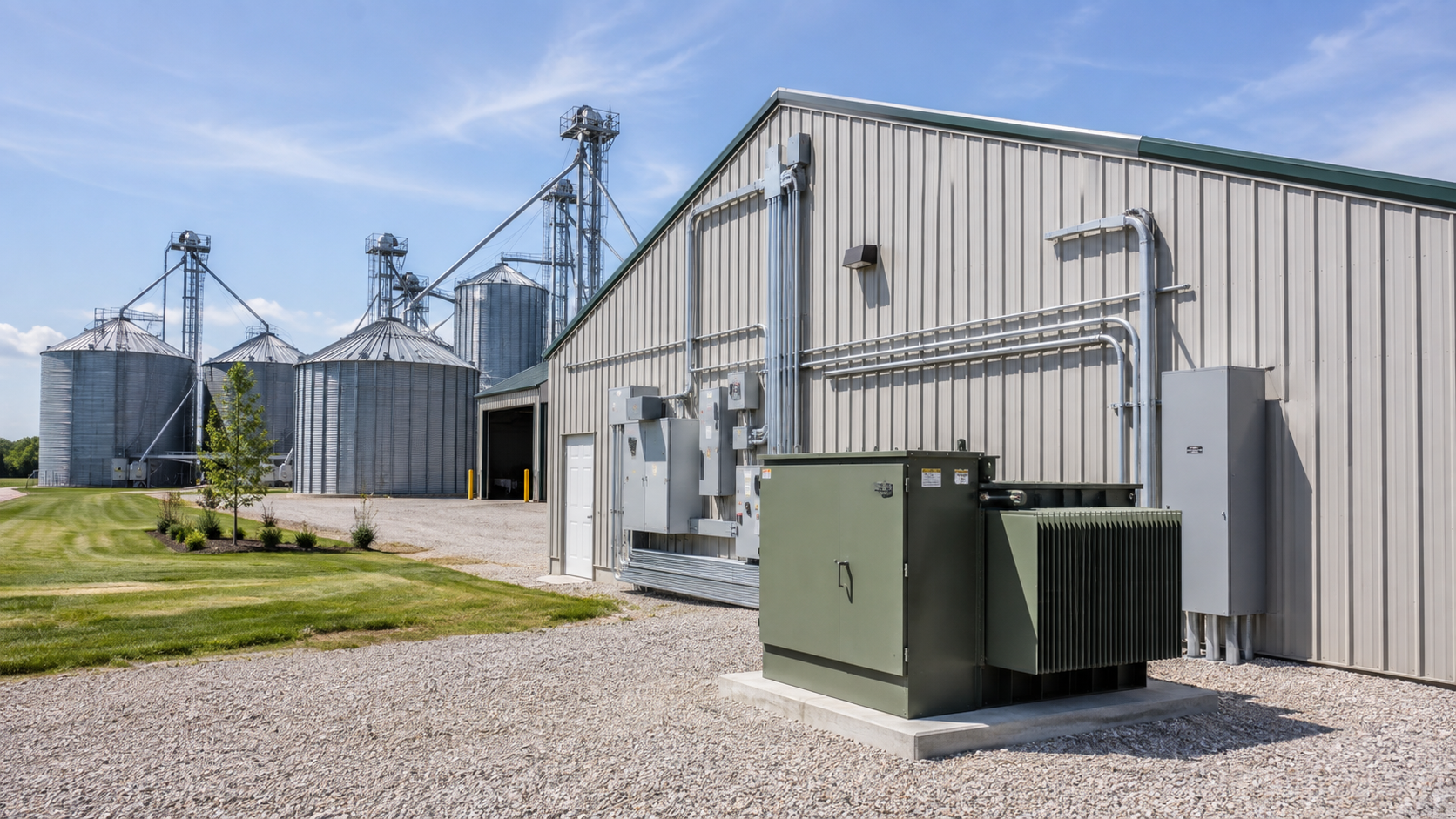 Industrial ag facility with upgraded electrical equipment and grain silos near Oshkosh WI
