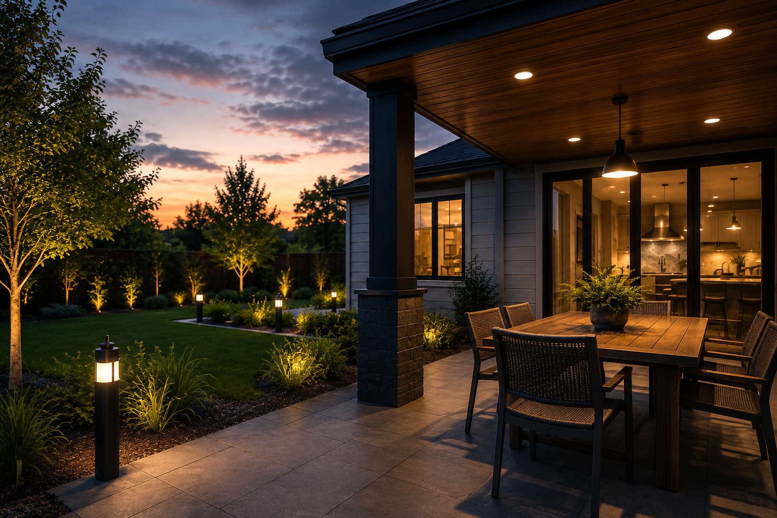 Energy-efficient patio and landscape lighting at a modern home in summer