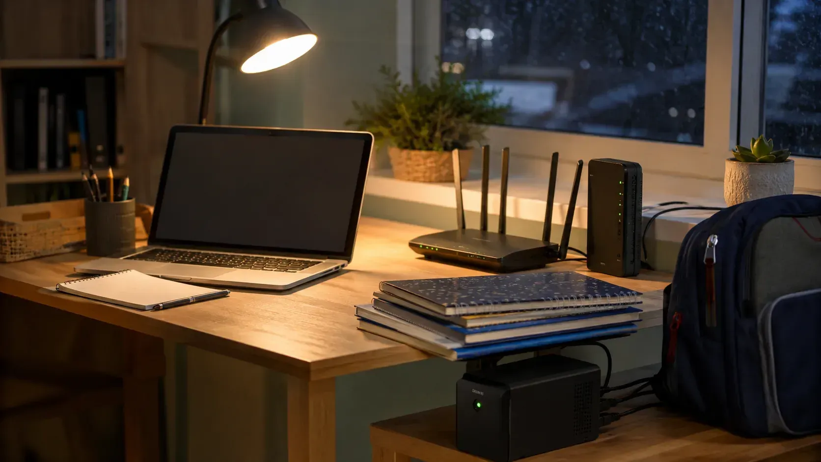Home office desk at night with a laptop, router, modem, and UPS battery backup unit plugged in