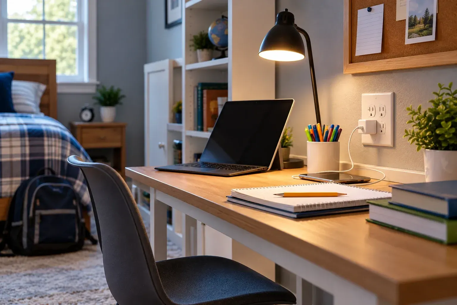 Back-to-school study desk with safe outlet placement and charging setup
