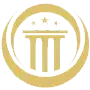 Gold circular emblem with three white columns and small stars above them