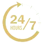 Gold circular 24/7 hours icon with upward arrow, indicating round-the-clock availability