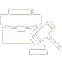 Line art of a judge’s gavel and block beside a courthouse building icon