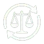 Circular arrows around a scales-of-justice icon in light gray line art.