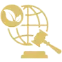 Gold globe with a gavel and scales, symbolizing international law and justice