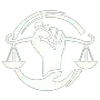White legal emblem with a profile, handshake, and scales of justice inside a circular border.