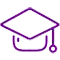 Purple graduation cap icon with a smiling face and small accent dot