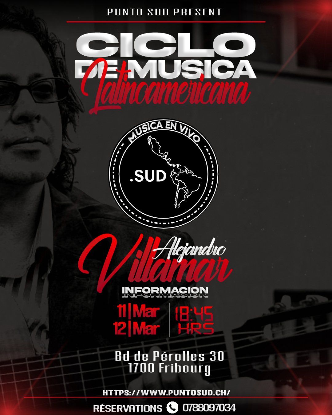 Affiche pour le « Ciclo de Música Latinoamericana » avec les détails de l’événement, les dates et un design noir et rouge