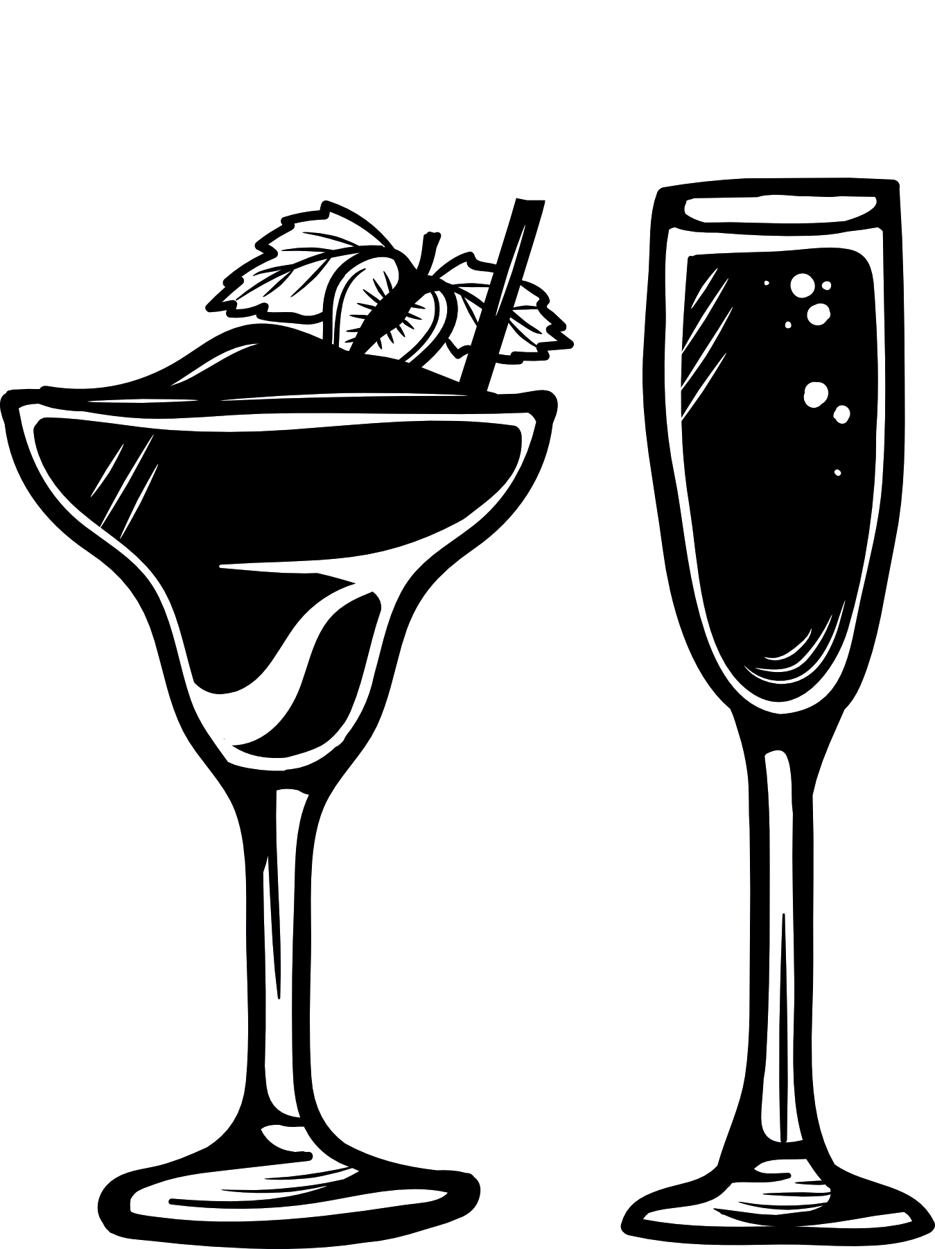 Dessin en noir et blanc d'une margarita et d'une flûte à champagne avec boissons et garnitures.