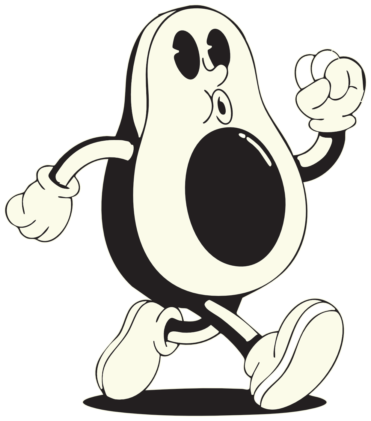 Personnage de dessin animé en noir et blanc courant, la bouche grande ouverte et les poings serrés.